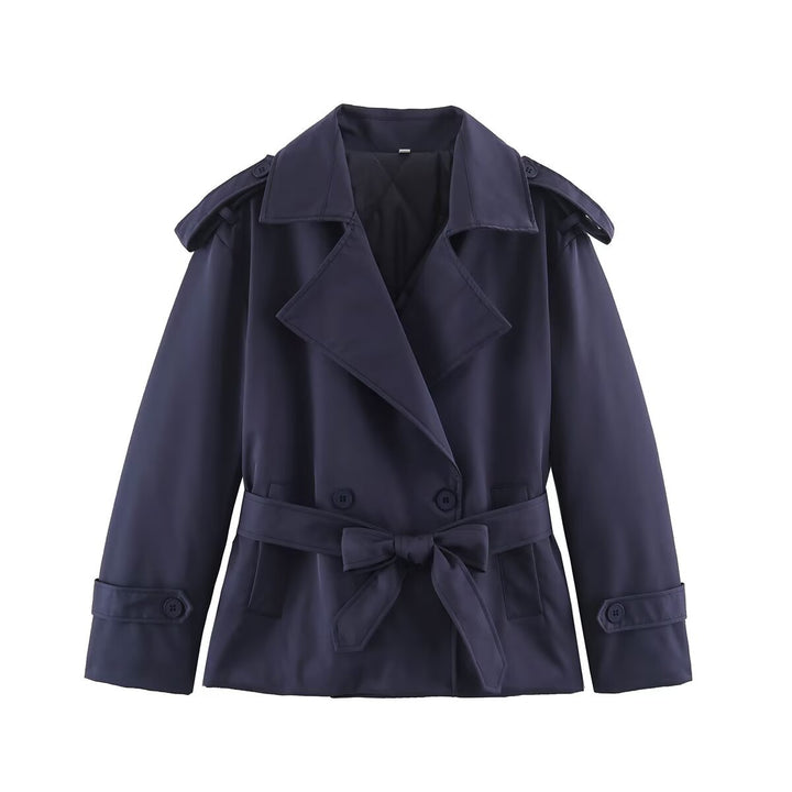Women's Tailored Short Trench Coat with Tie Belt and Shoulder Patches Mune Fashion