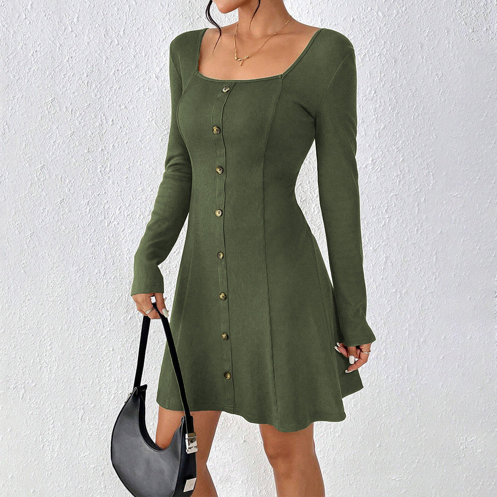 Women’s flared knit corset dress with continuous button placket, square neck and figure-shaping dividing seams Mune Fashion