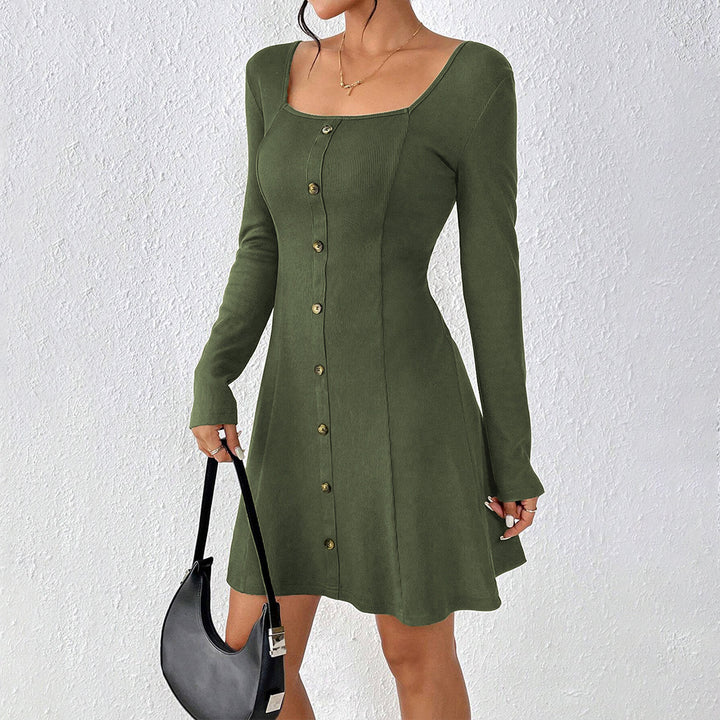 Women’s flared knit corset dress with continuous button placket, square neck and figure-shaping dividing seams Mune Fashion