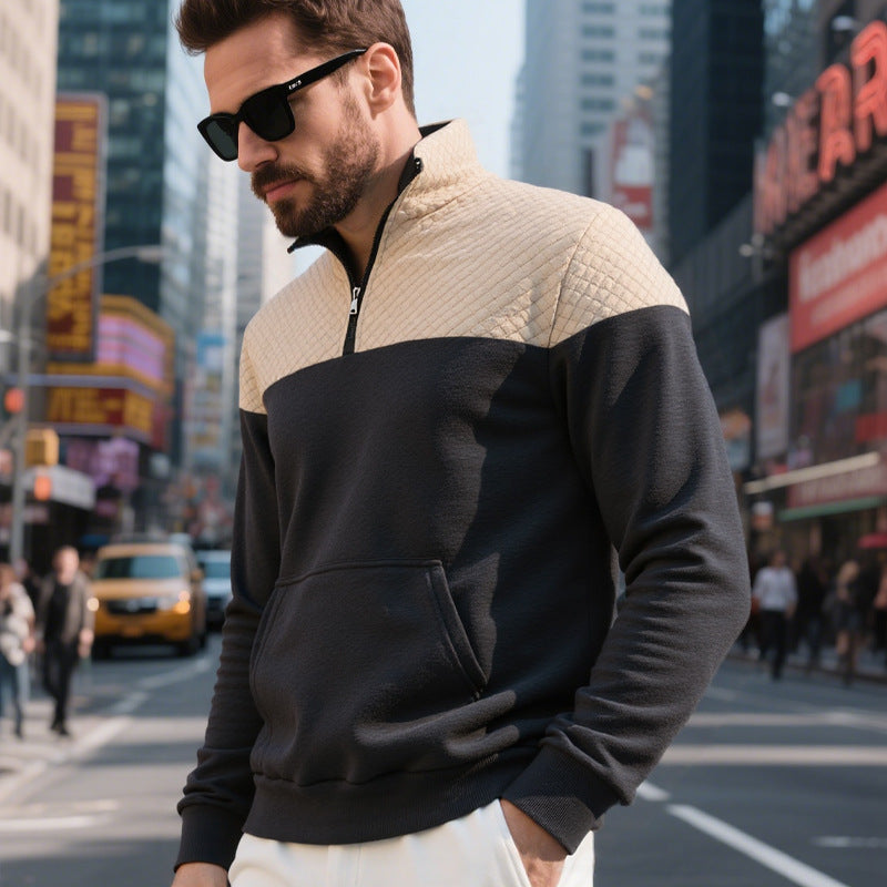 Men's quilted half-zip sweater with kangaroo pocket and stand-up collar Mune Fashion