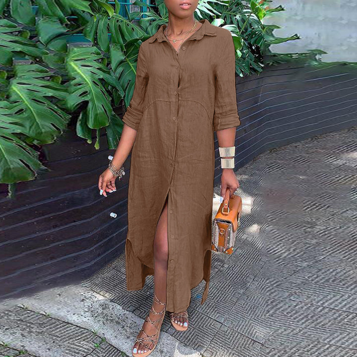 Women's button-up shirt dress with a continuous button placket, side slits, and 3/4 sleeves Mune Fashion