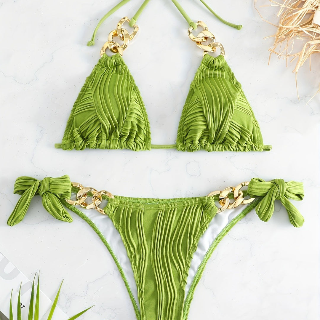 Ladies bikini set with luxurious ruffles and golden chain accents Mune Fashion