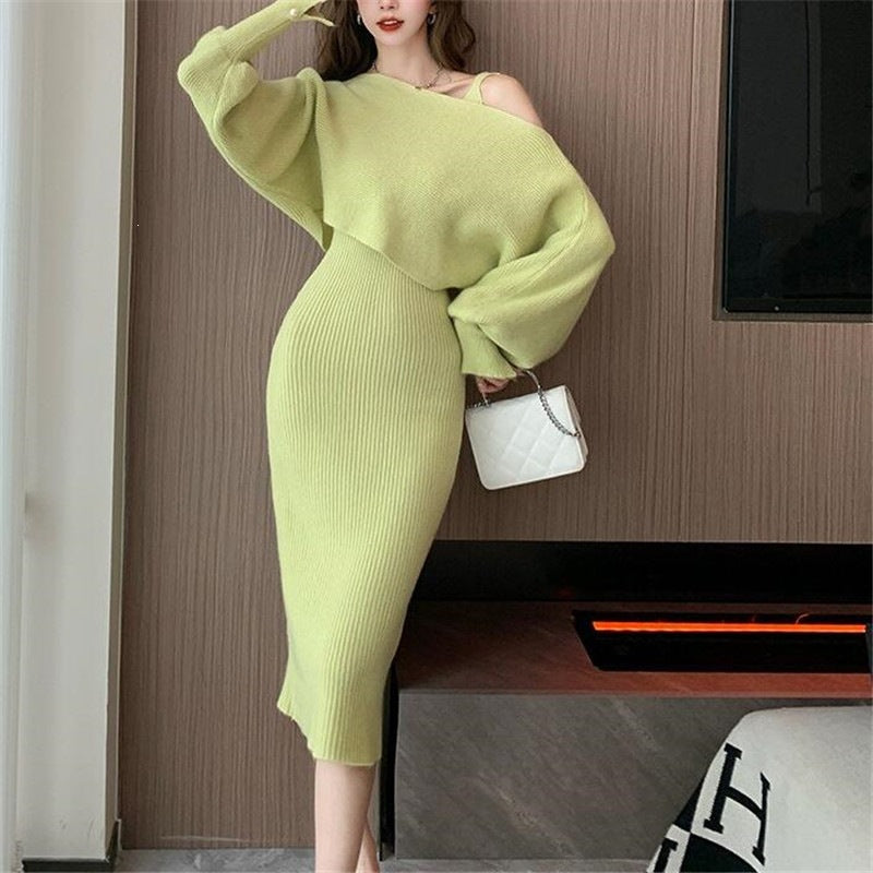 Women's Elegant Knit Dress with V-Neck and Matching Cardigan Mune Fashion