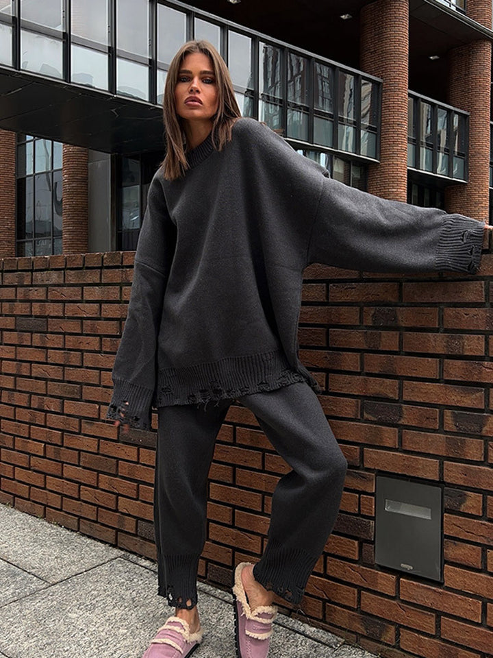 Women's Oversized Knit Set made of Fine Knit with Destroyed Hem, Wide Sweater and Casual Slip-On Pants Mune Fashion