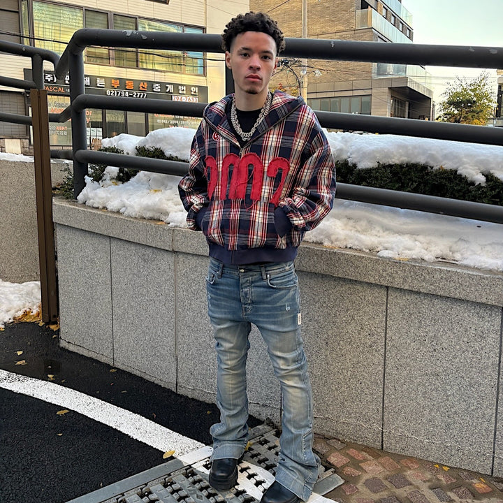 Unisex nan checkered hoodie with frayed year application and ribbed cuffs Mune Fashion