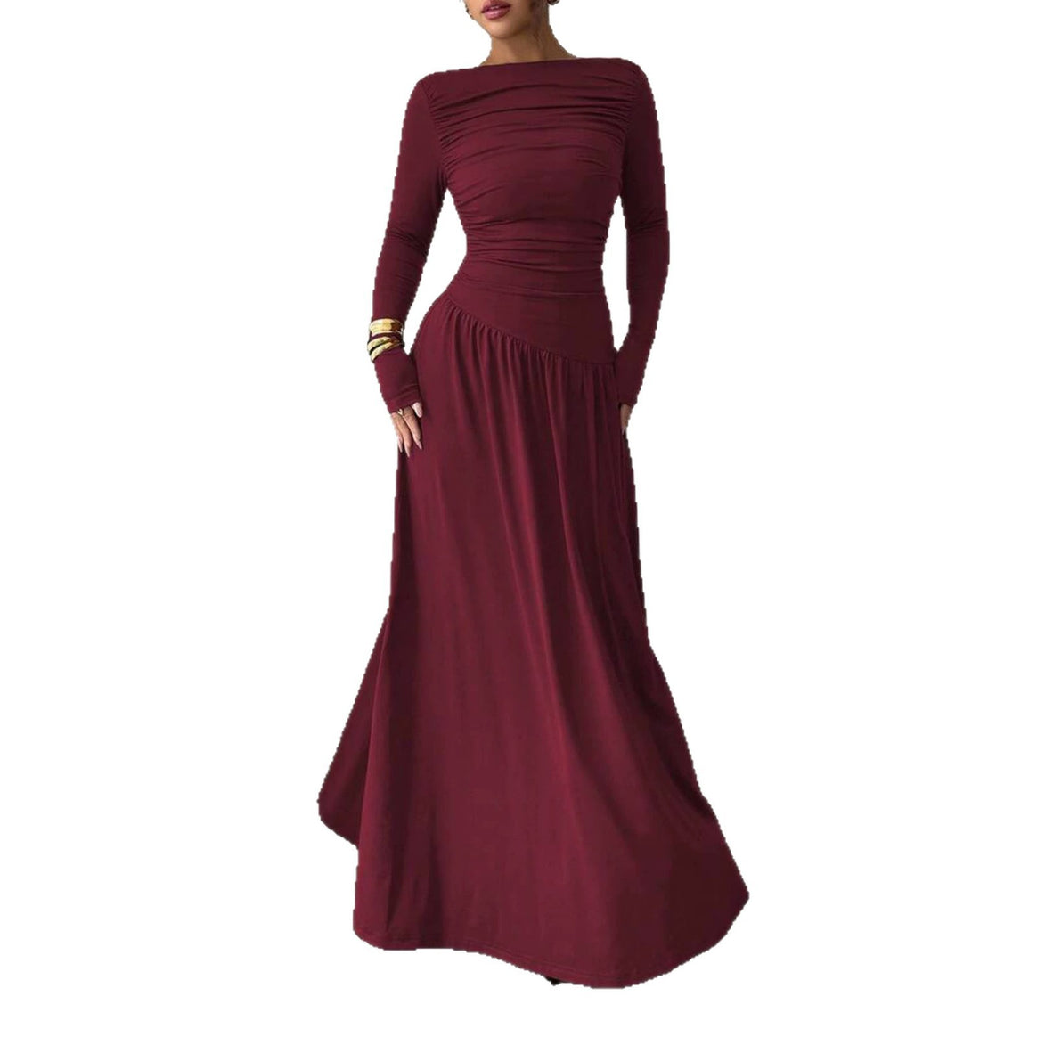 Ladies Maxi Dress with Ruched Bodice, Fitted Waist and Long Sleeve Mune Fashion