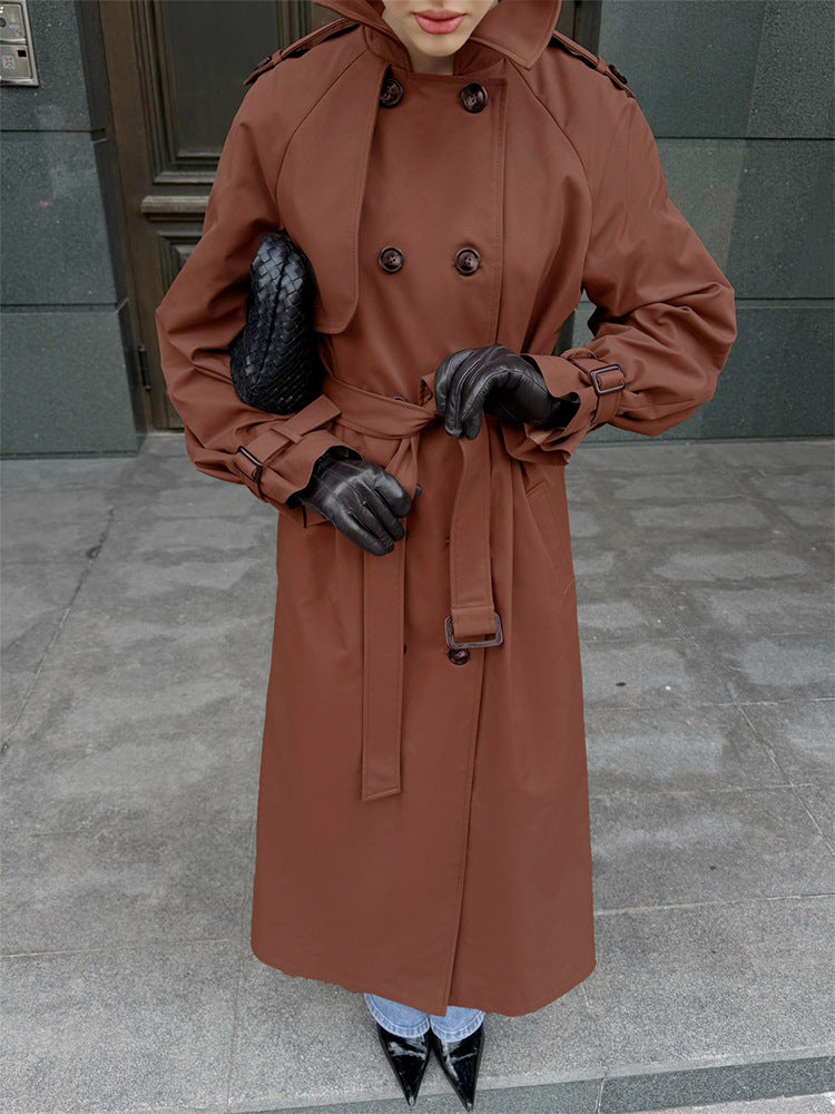 Women long cut water-repellent trench coat with high stand-up collar and waist belt Mune Fashion