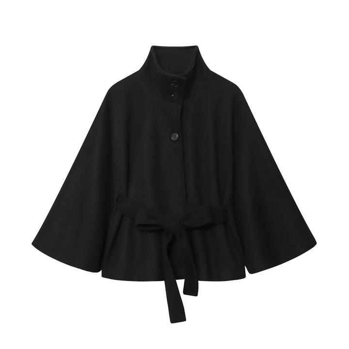 Women's Short Wool Cape with Stand-Up Collar, Ties Belt and A-Line Silhouette Mune Fashion