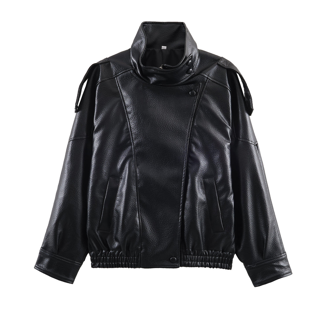 Women's Short Oversized Bomber Jacket in Vegan Leather Look with High Funnel Neck Mune Fashion