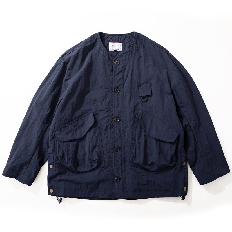 Men's Collarless Utility Field Jacket with Patch Pockets and Drawstring Mune Fashion
