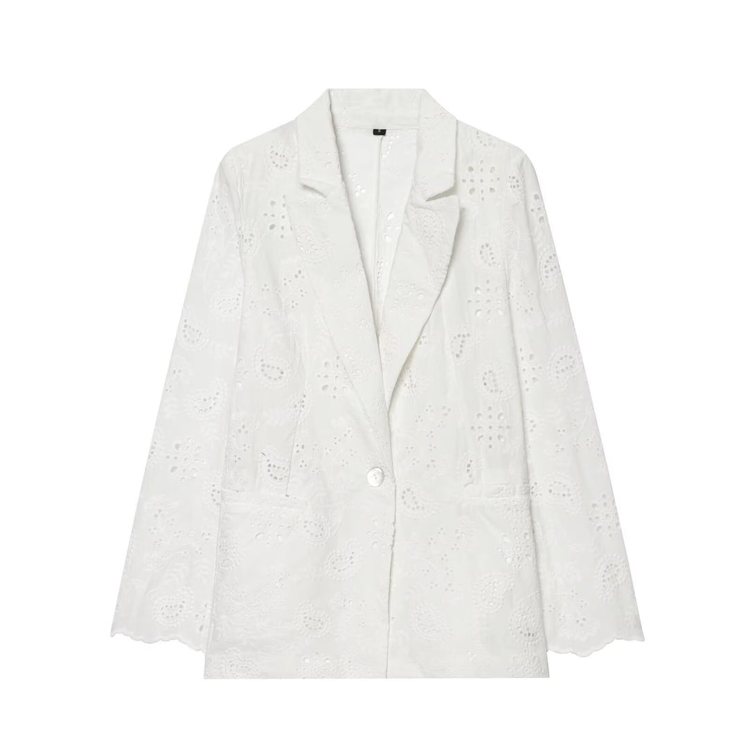 Women's Lightweight Broderie Anglaise Blazer with Shawl Collar and Eyelet Embroidery Mune Fashion