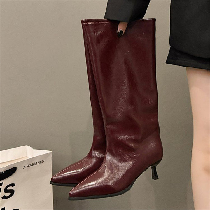 Women's knee-high boots with pointed toe cap and sculpted kitten heel Mune Fashion