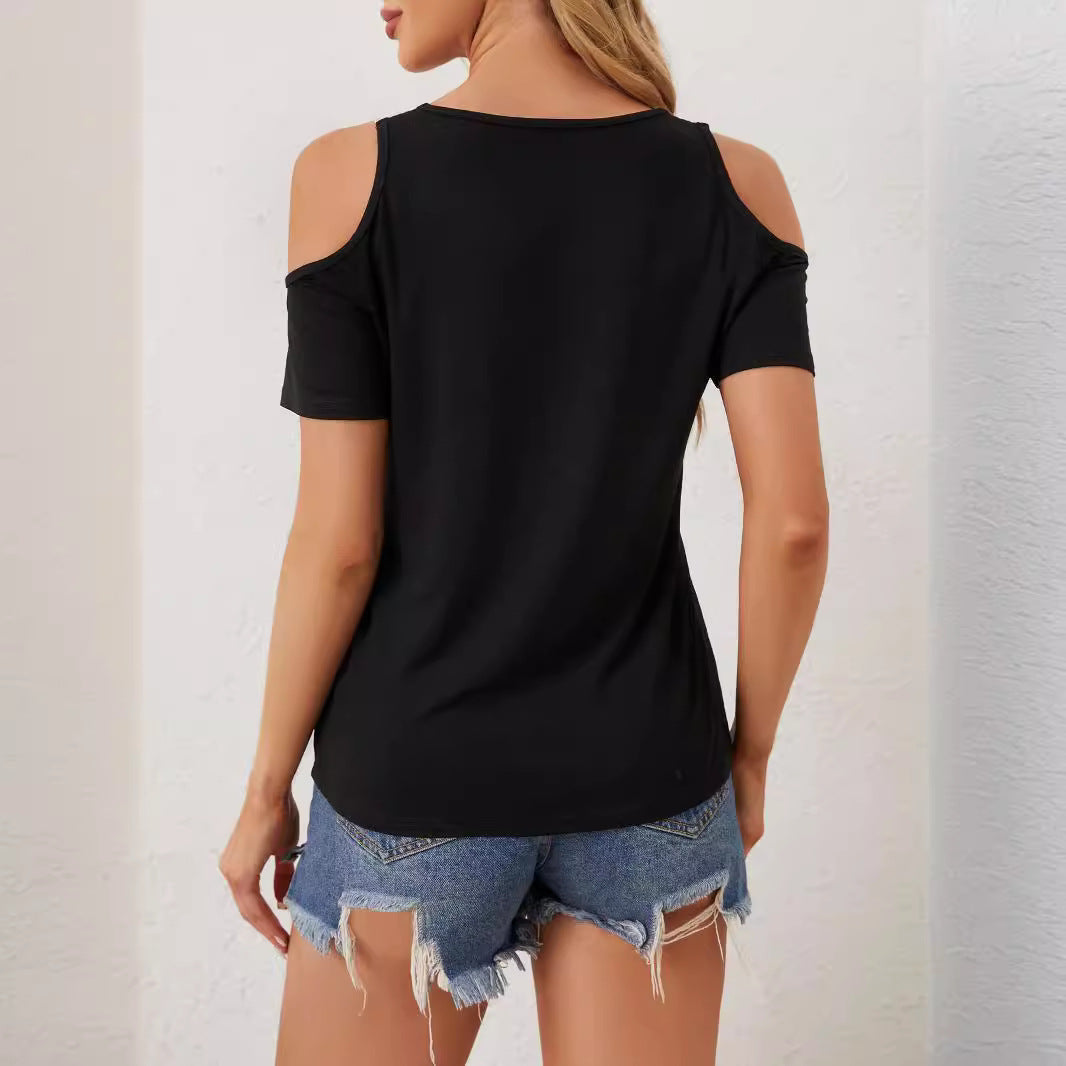 Women nan light jersey shirt with open shoulders, deep V-neck and crocheted V-insert Mune Fashion