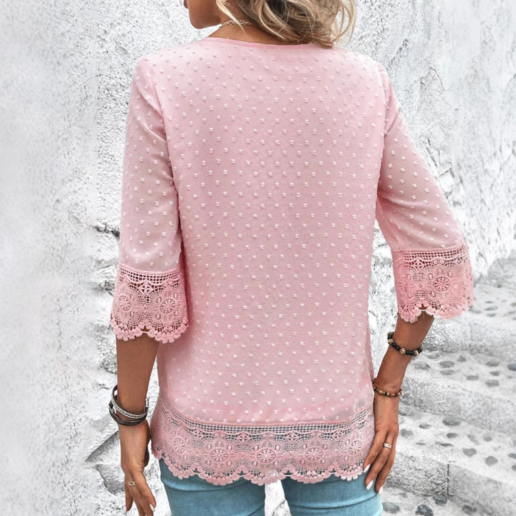 Ladies transparent chiffon blouse with polka dot structure, lace trim, V-neck and three-quarter sleeves Mune Fashion