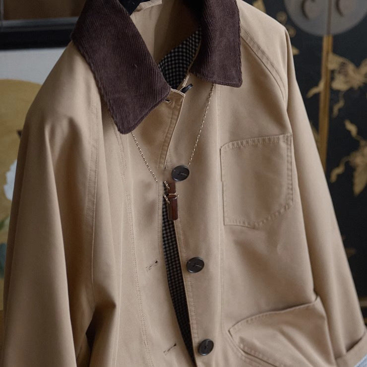Men's chore jacket with cord collar, raglan sleeves, and patch pockets Mune Fashion