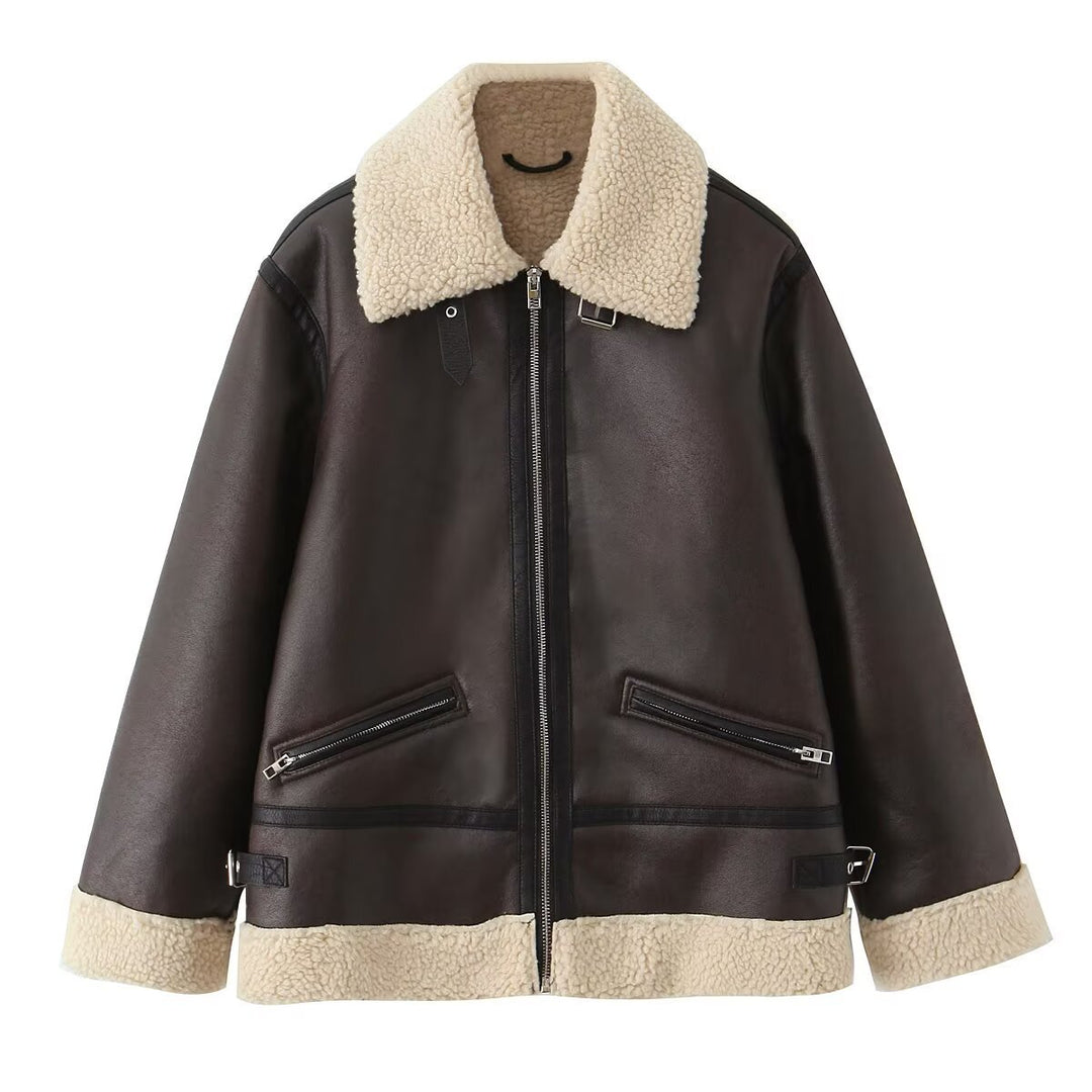 Women's Oversize Pilot Jacket made of Faux Leather with Teddy Collar and Zipper Pockets Mune Fashion