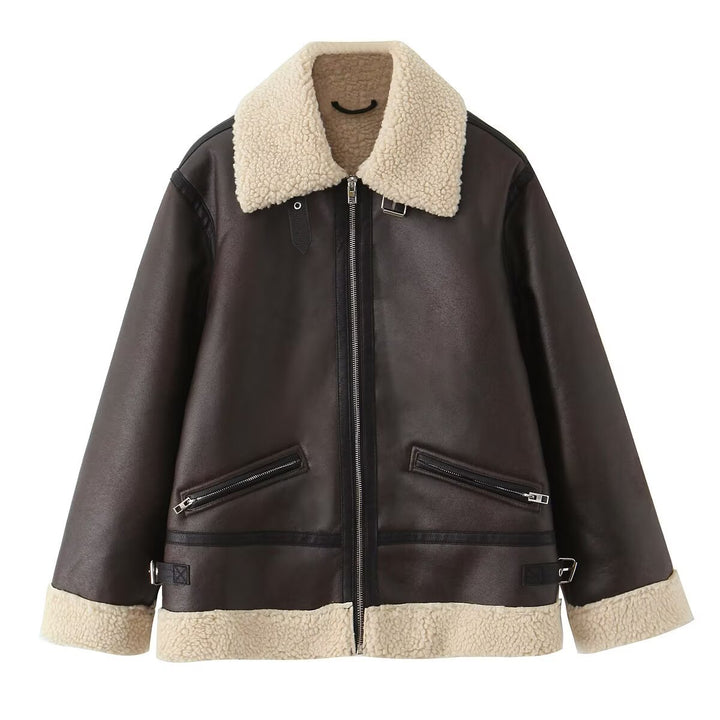 Women's Oversize Pilot Jacket made of Faux Leather with Teddy Collar and Zipper Pockets Mune Fashion