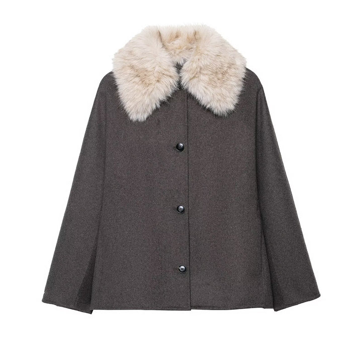 Women's wool cape with removable faux fur collar and concealed button placket Mune Fashion