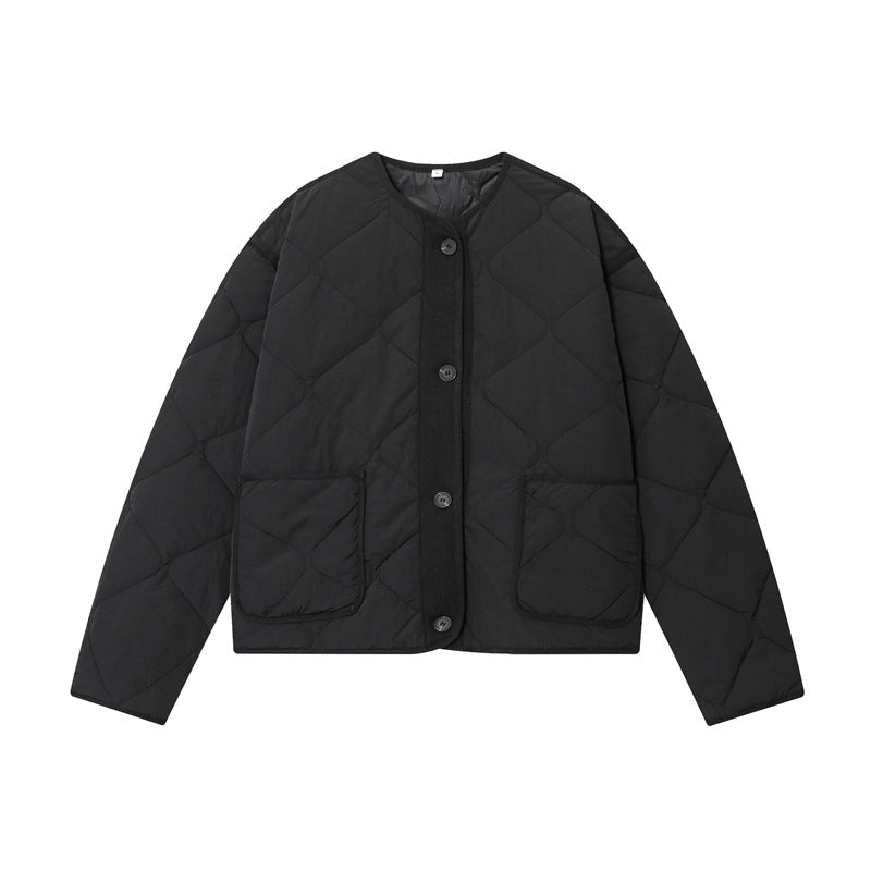 Women's Quilted Oversized Quilted Jacket with Round Neckline, Patch Pockets and Button Placket Mune Fashion