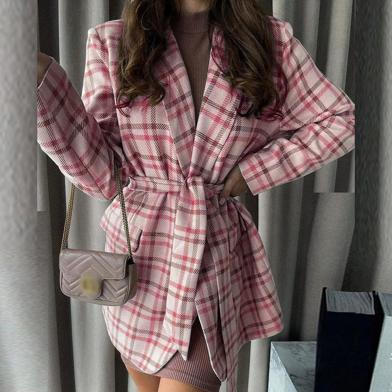 Women Oversize Checked Long Blazer with Tie Belt and Shawl Collar Mune Fashion