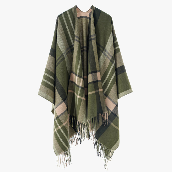 Women Oversize Poncho-Cape with Check Pattern and Fringes Mune Fashion