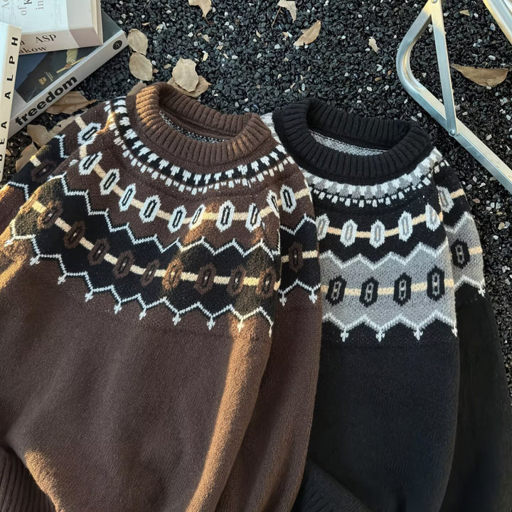 Unisex Oversized Round Neck Pullover with Norwegian Jacquard and Ribbed Cuffs Mune Fashion