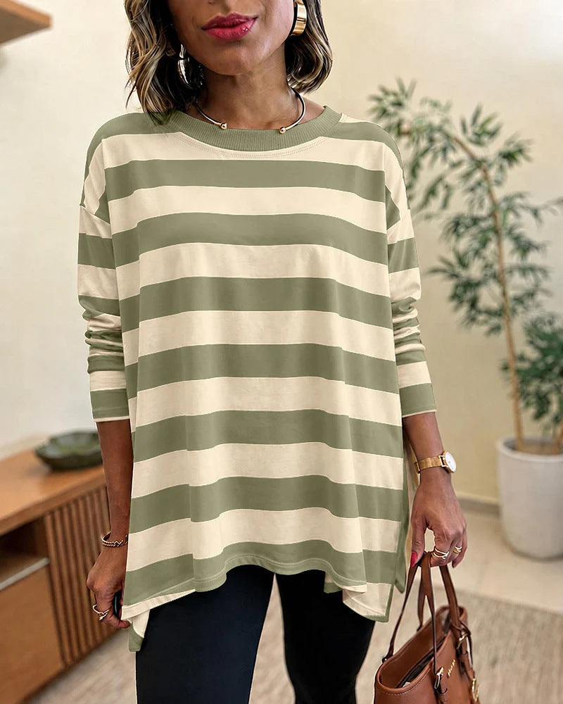 Women Oversized Striped Long Sleeve with Round Neckline and Rounded Hem Drune