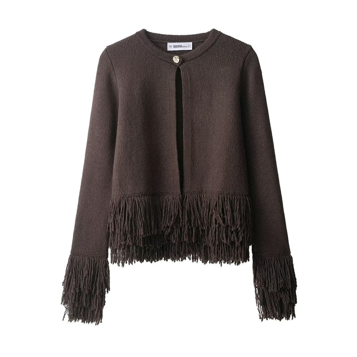 Women's Short Knitted Cardigan with Fringe Trim, Round Neckline and Single Button Closure Mune Fashion