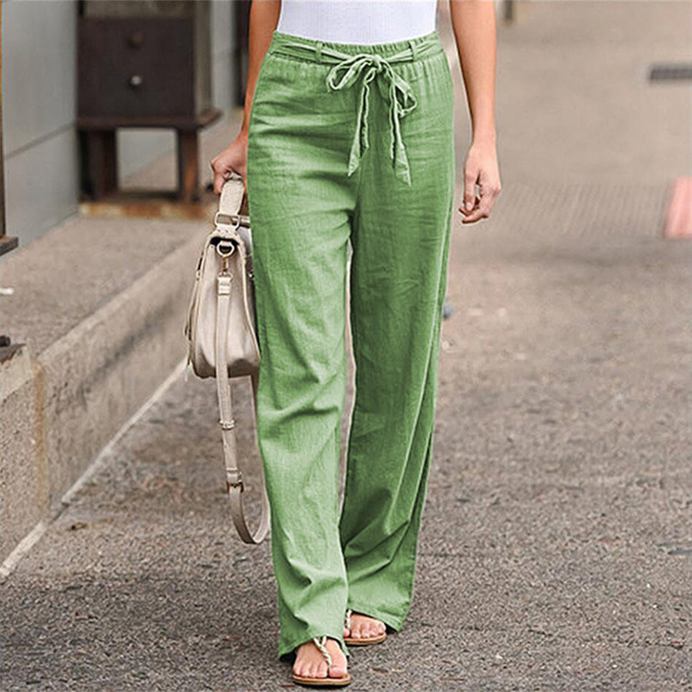 Women's loose linen pants with drawstring waistband, straight leg and side pockets Mune Fashion