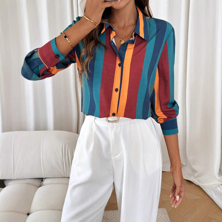 Women's Striped Shirt Blouse with Kent Collar, Continuous Button Placket and Tailored Casual Cut Mune Fashion