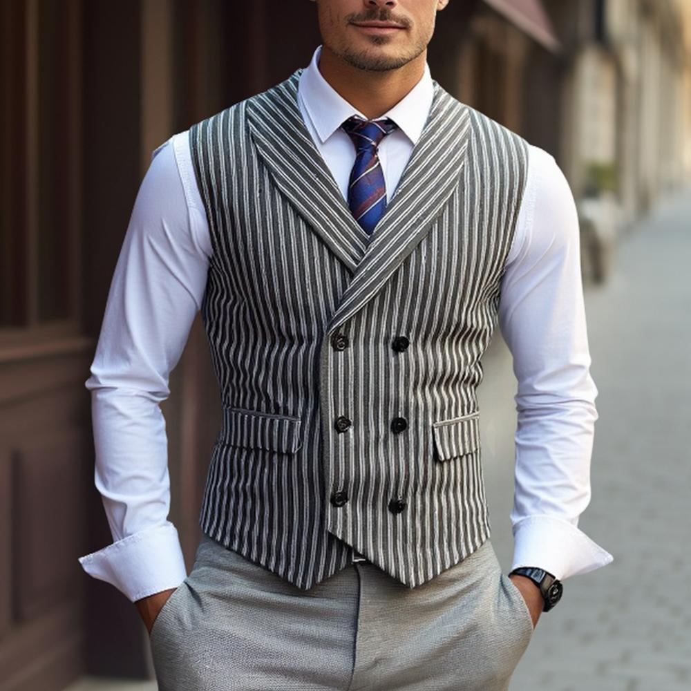Men's double-button U-neck vest with pinstriped pattern and slim silhouette Mune Fashion