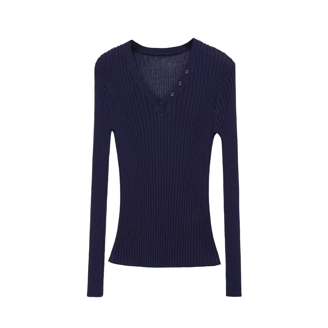 Women Form-fitting Ribbed Long Sleeve with V-neck and Decorative Button Placket Mune Fashion