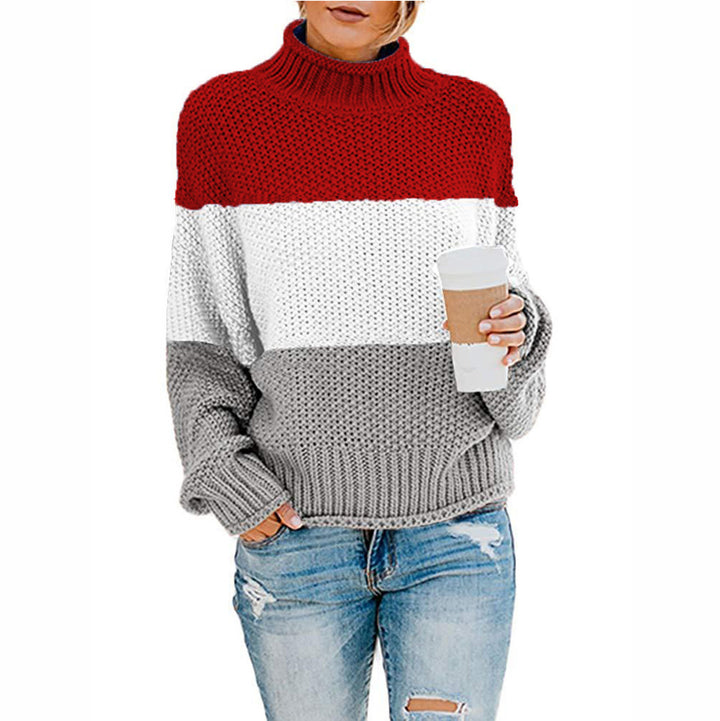 Women's chunky knit turtleneck sweater with oversized cut and block stripe design Mune Fashion