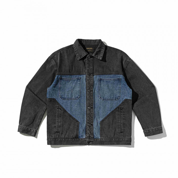 Unisex Two-tone Oversized Denim Jacket in Worker Look with Patch Chest Pockets and Straight Hem Mune Fashion
