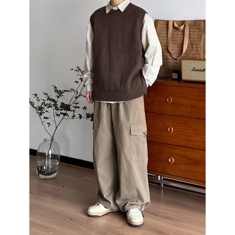 Men's Oversized Sleeveless Knit Vest with Ribbed Hem and Round Neckline Mune Fashion