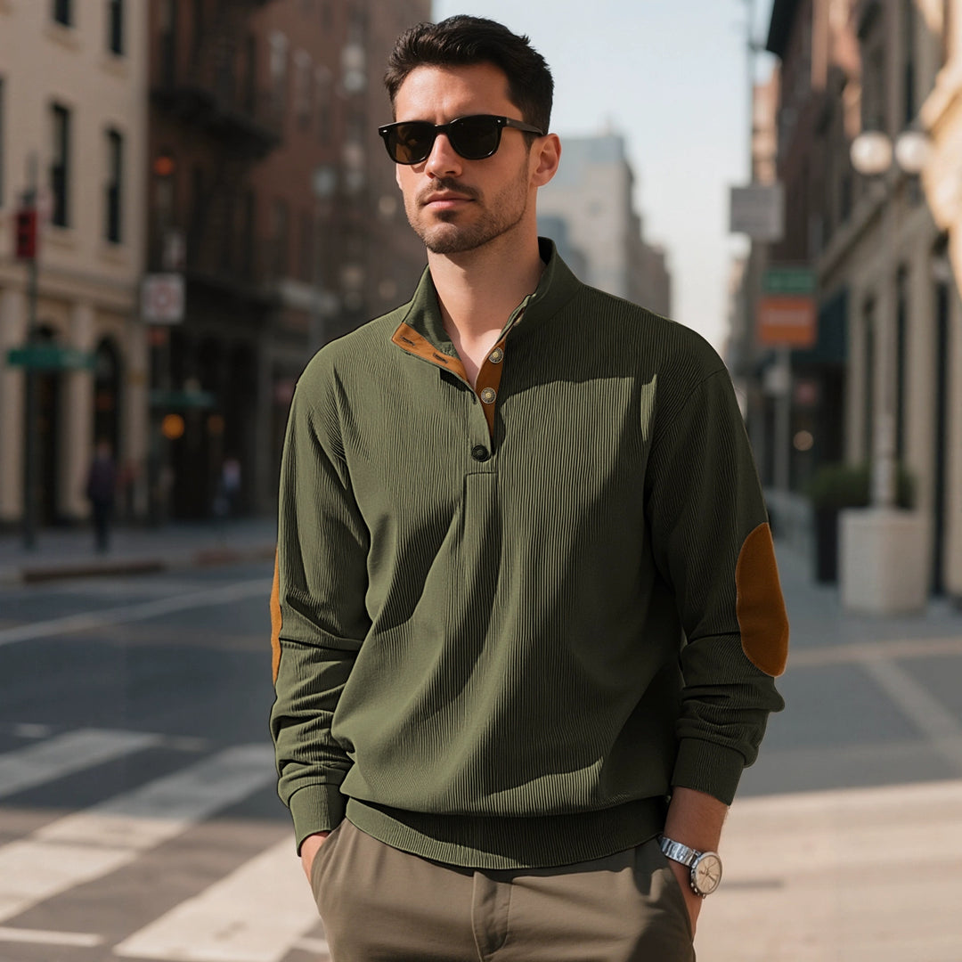Men's casual structured sweater with polo collar, short button placket and vegan leather trims Mune Fashion