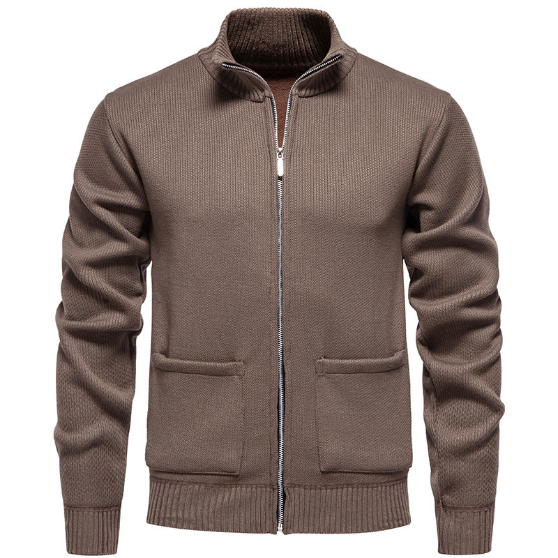 Men's finely structured zip-up knitted cardigan with stand-up collar and patch pockets Mune Fashion