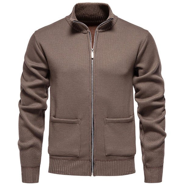 Men's finely structured zip-up knitted cardigan with stand-up collar and patch pockets Mune Fashion