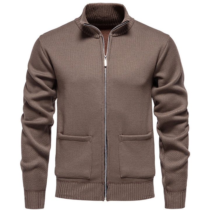 Men's finely structured zip-up knitted cardigan with stand-up collar and patch pockets Mune Fashion