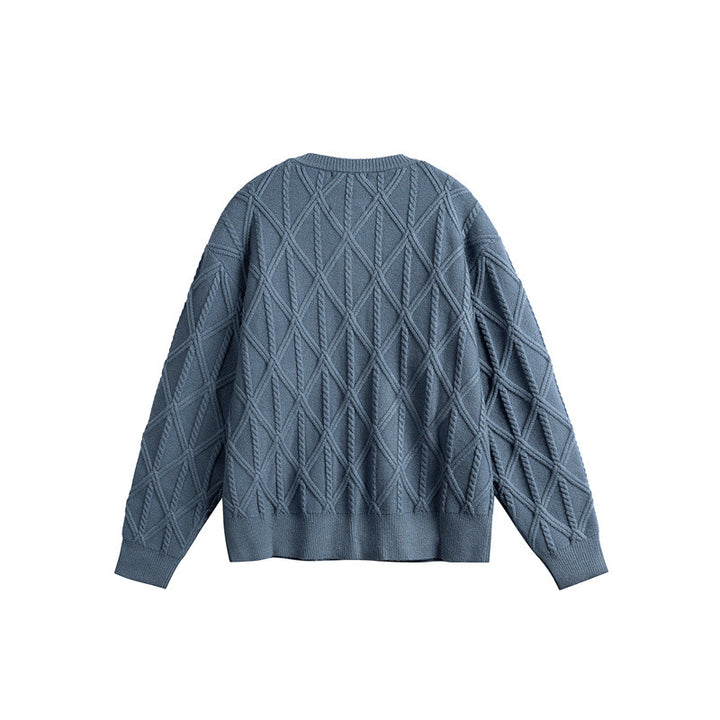 Ladies' knitted cardigan in boxy cut with textured diamond pattern, round neck and continuous button placket Mune Fashion