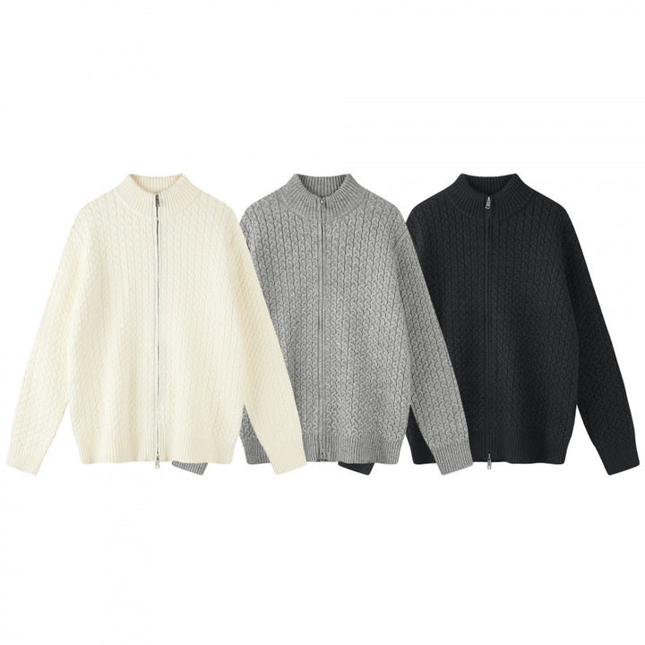 Unisex Boxy Cardigan with Cable Pattern, Stand-up Collar and Two-way Zipper Mune Fashion
