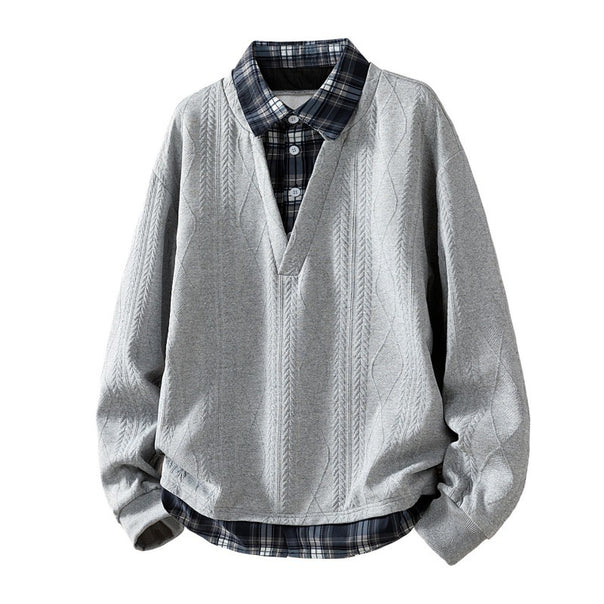 Men's knitted structured V-neck layered sweater with integrated check collar insert Mune Fashion