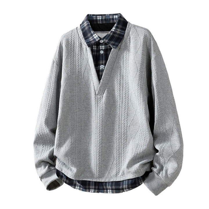 Men's knitted structured V-neck layered sweater with integrated check collar insert Mune Fashion