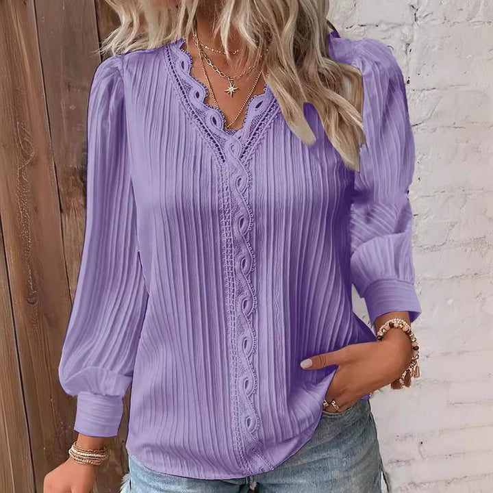 Women's romantic V-neck lace blouse with pleats and puff sleeves Mune Fashion