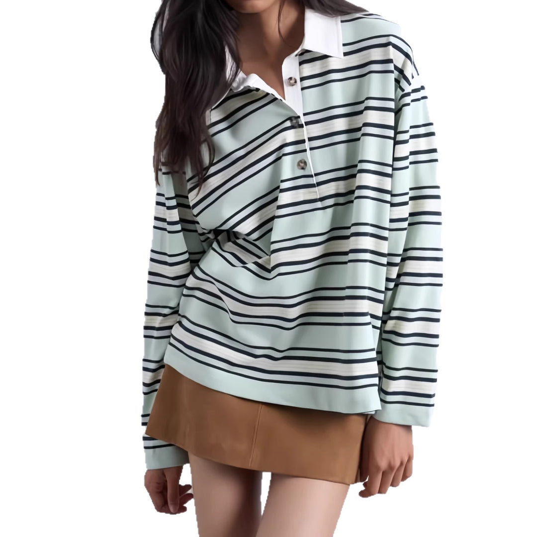 Women's Casual Striped Shirt with Polo Collar