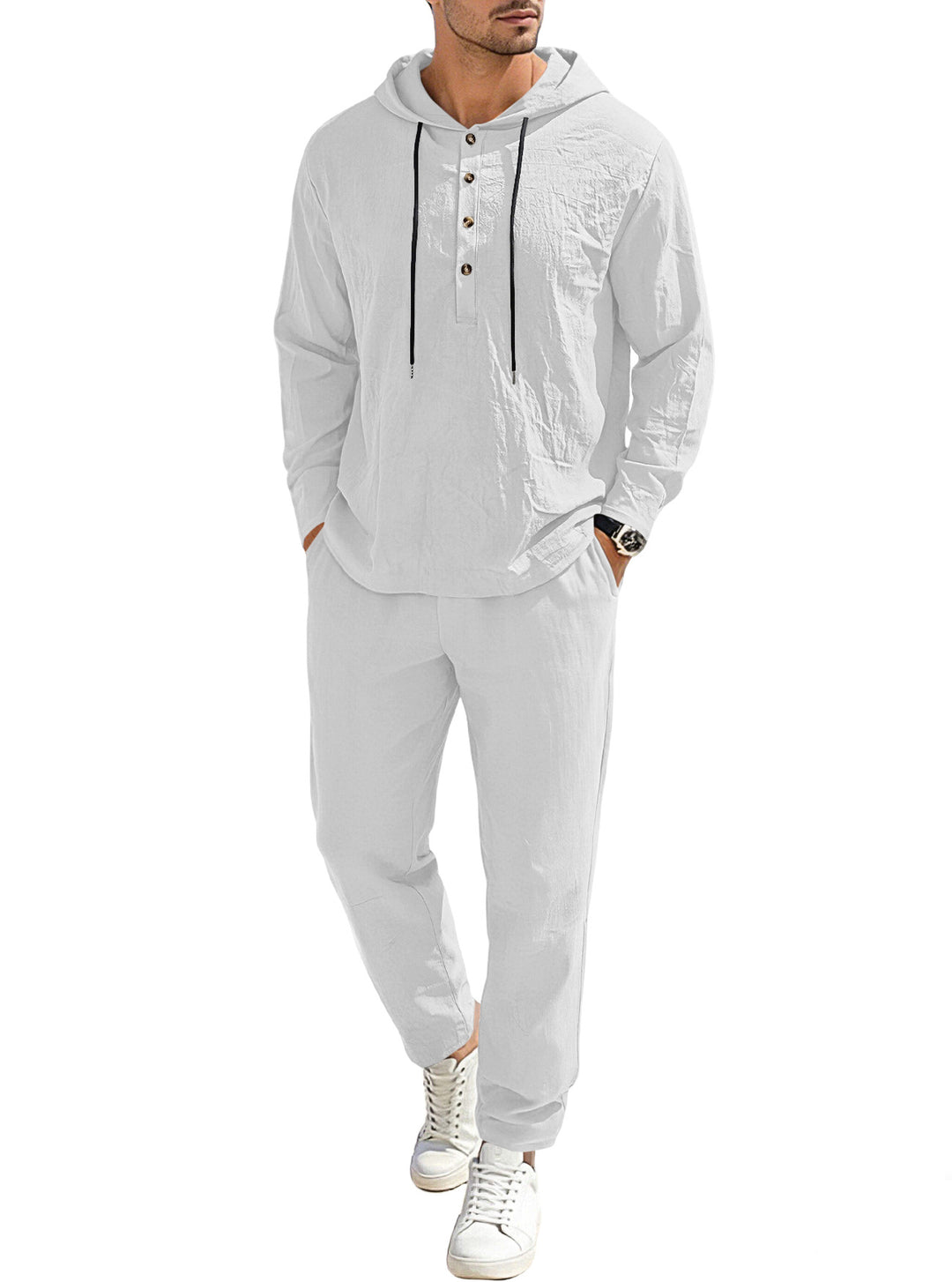 Men's relaxed hoodie Henley leisure suit made of lightweight cotton blend with linen look, featuring drawstring and elastic waistband pants Mune Fashion