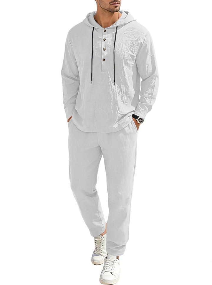 Men's relaxed hoodie Henley leisure suit made of lightweight cotton blend with linen look, featuring drawstring and elastic waistband pants Mune Fashion
