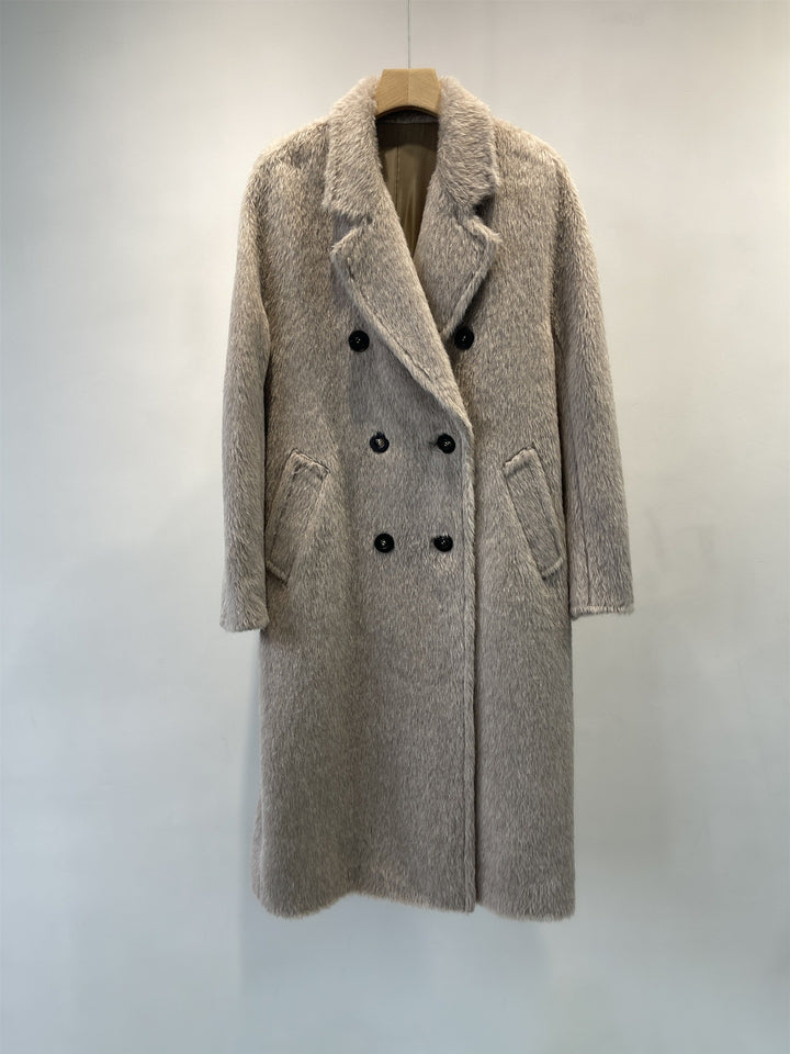 Women's Double-breasted Textured Wool Blend Coat Mune Fashion