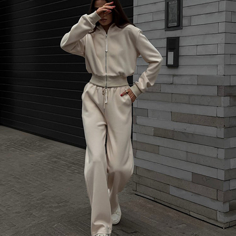 Women Two-Piece Loungewear Set with Short Zip Bomber and Wide High-Waist Palazzo Pants Mune Fashion