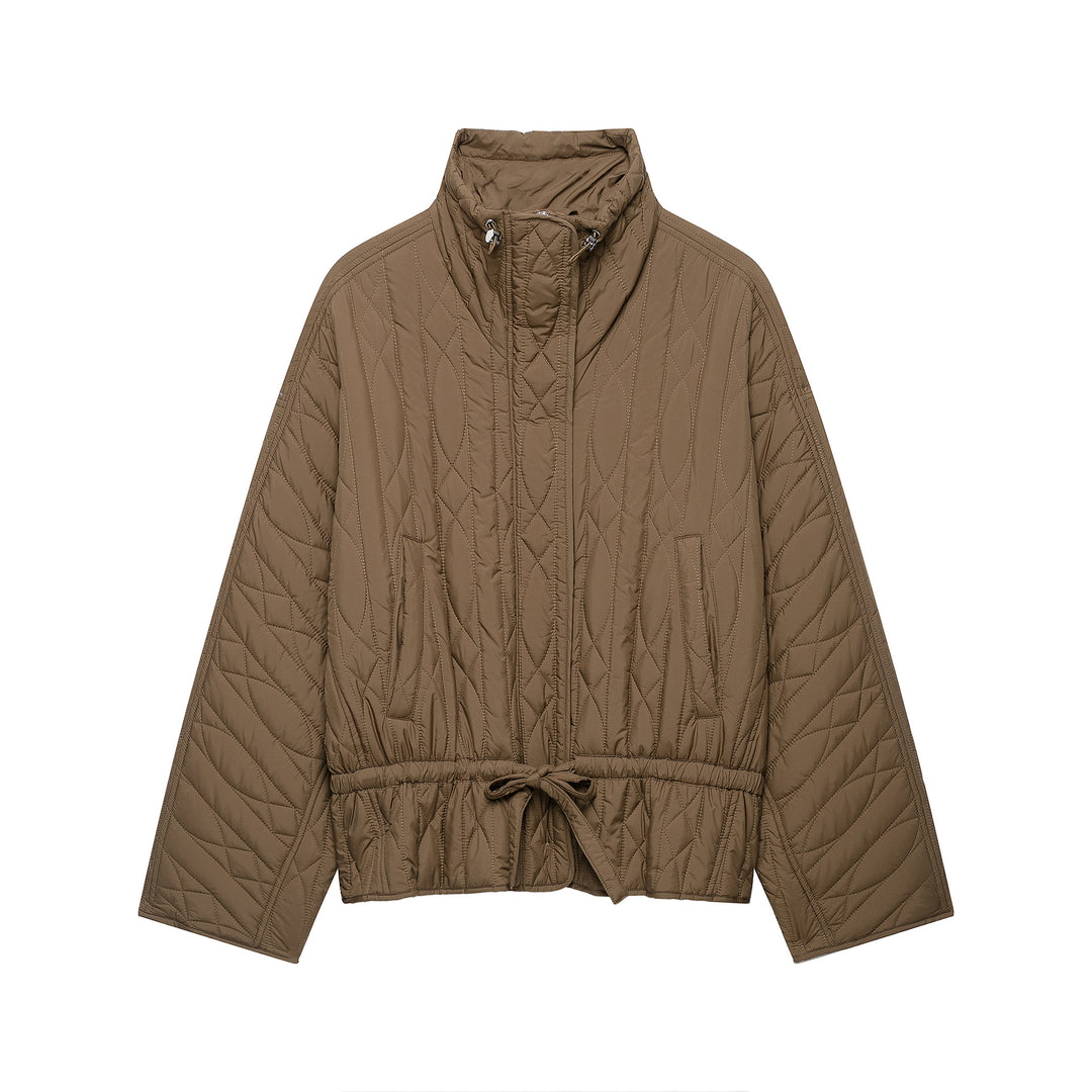 Women's short padded jacket with high stand collar, drawstring waist and oversized sleeves Mune Fashion